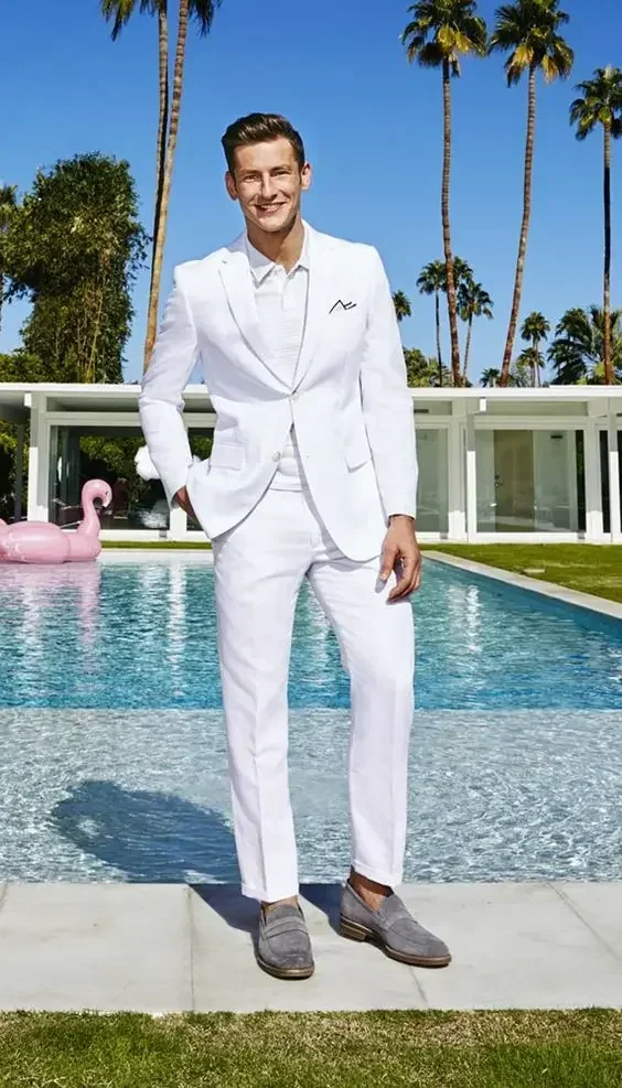 Новинка 2024, дизайнерский деловой белый смарт-повседневный костюм, пляжные официальные свадебные костюмы для мужчин, Блейзер, зауженный костюм, 2 предмета