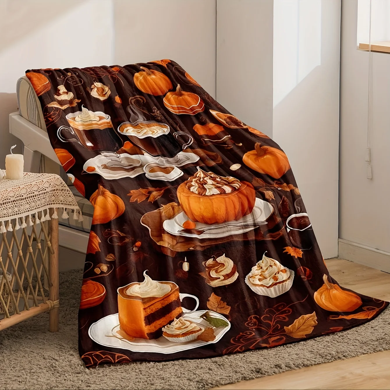 Cozy Fall Pumpkin Spice Throw Blanket Plush Autumn Halloween Decorative Harvest Coffee Lover Sofa Knit Seasonal Gift