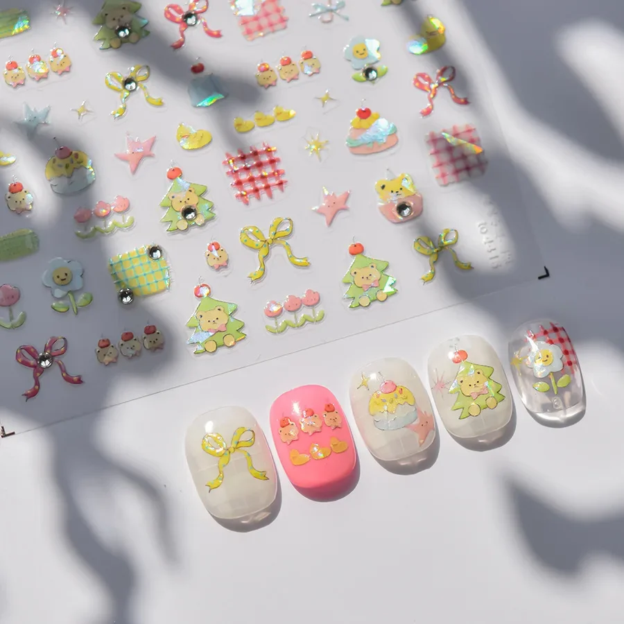 Cute Christmas Tree Bear Duck Flower Bowknot Snowflake High Quality Adhesive Nail Art Stickers DIY Manicure Decoration T-4415