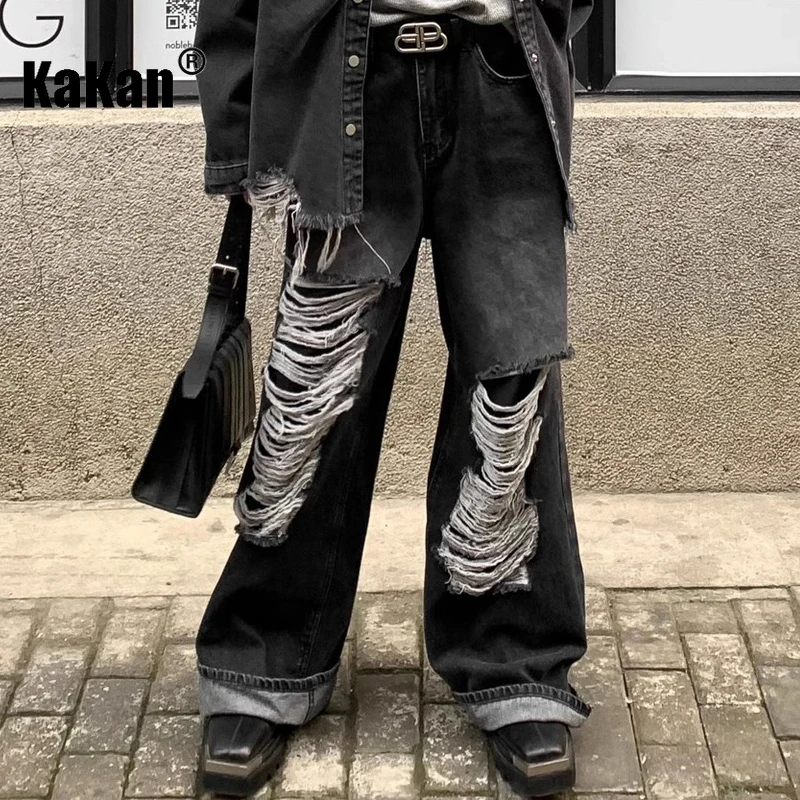 Kakan - American Street New Big Hole Patch Jeans for Men, Retro Made Old Straight Style Men's Long Pants K27