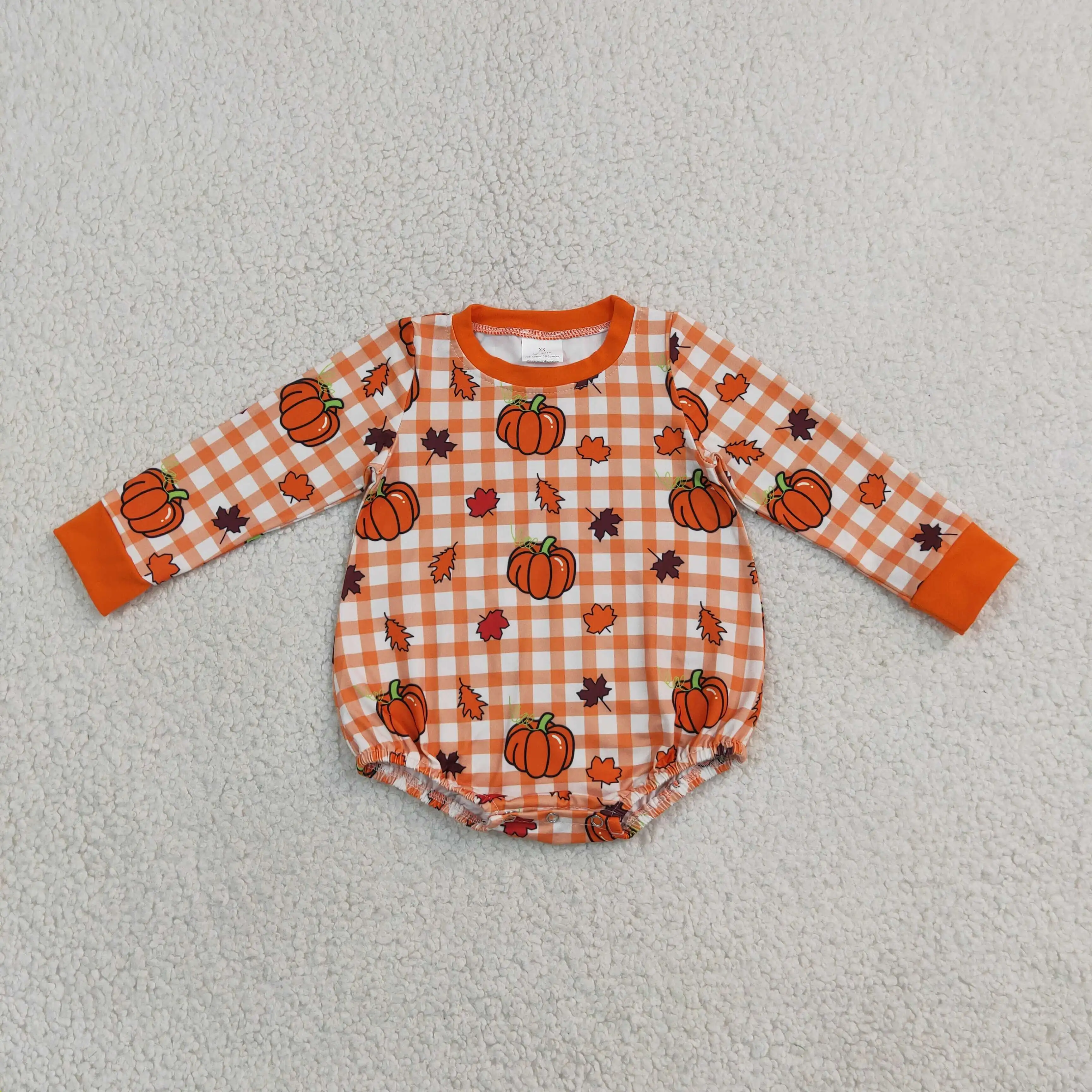 Wholesale Baby Boy Toddler Thanksgiving Children Pumpkins Orange Plaid Bubble Romper Boys Kids Newborn Coverall Fall Bodysuit