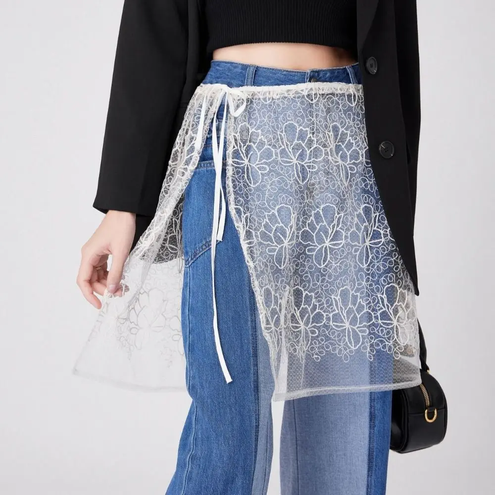 

Embroidered Flower Lace Floral Embroidery Skirt Y2K Streetwear See Through Layering Gauze Skirt Harajuku Drawstring Butt Curtain