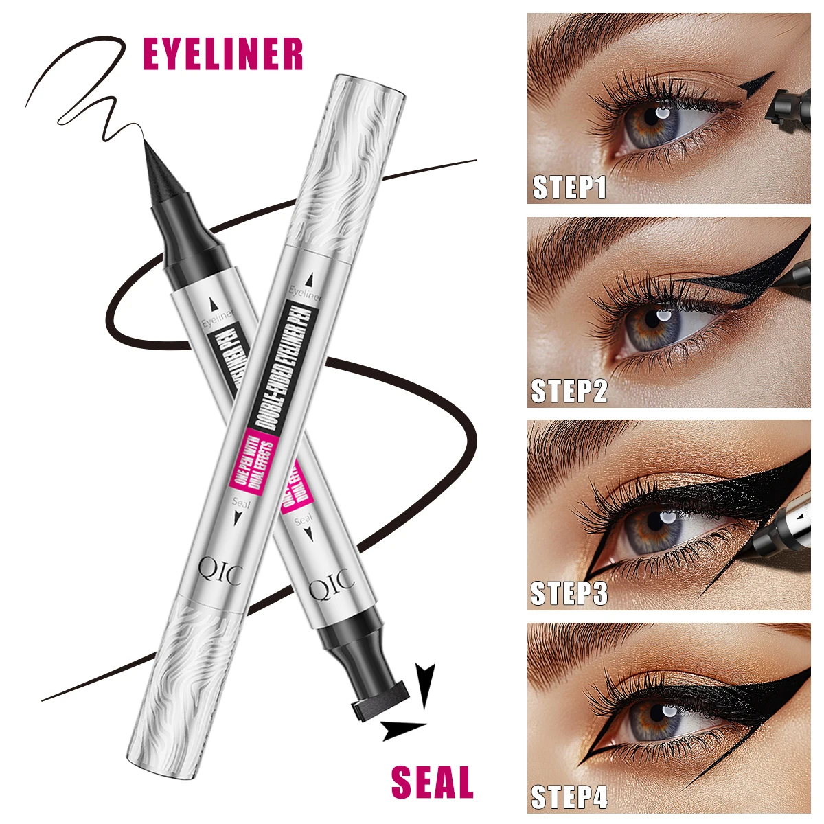 QIC ブラックスタンプアイライナーペンシル両端防水速乾性長期持続リキッドアイライナーメイクアップアイ化粧品
