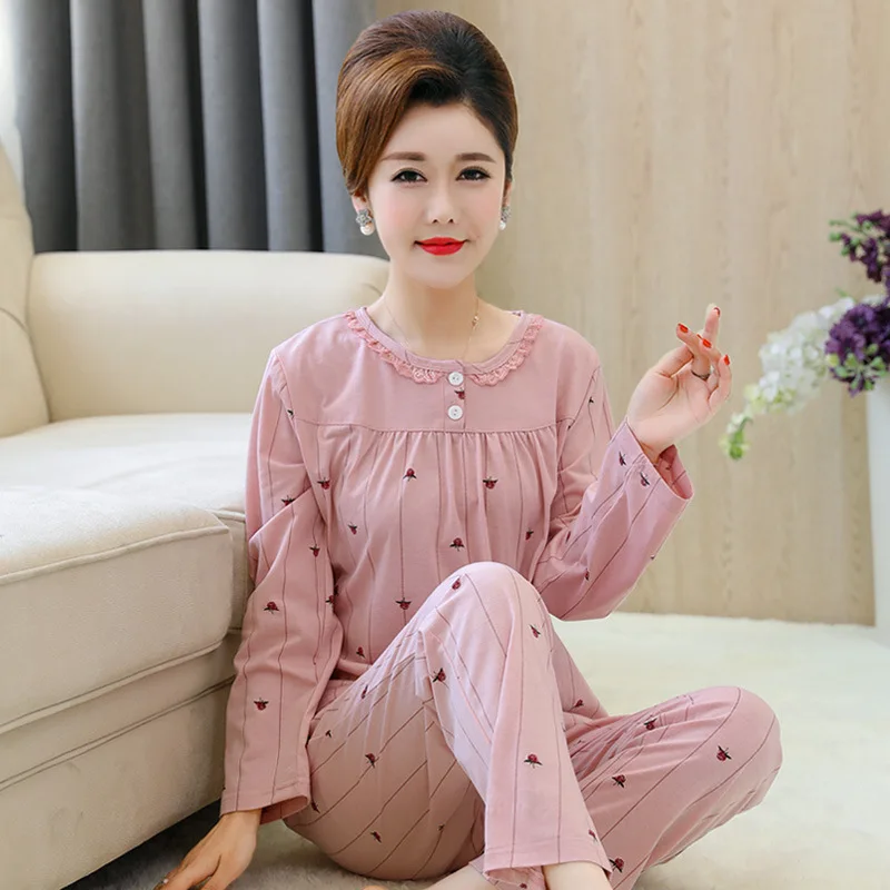 Middle Aged Mother Cotton Pajamas For Women Autumn Long Sleeve Top Trousers Sets Plus Size Homewear Warm Sleepwear For Winter