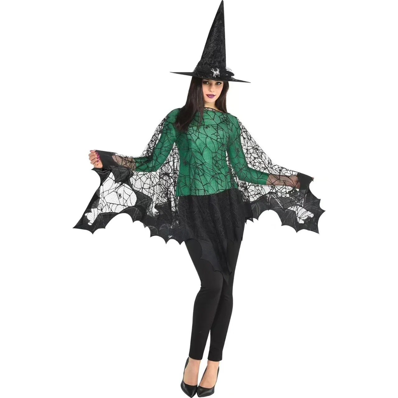 Hallowmas Halloween Cobweb Bat Cloak مجموعة مكنسة قبعة الساحرة المطوية