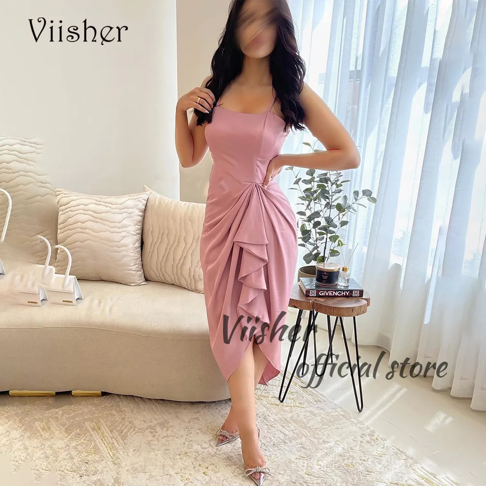 Viisher Saudi Arabic Mermaid Formal Evening Dresses for Women Ruched Satin Dubai Prom Party Dress Outfits Tea Length