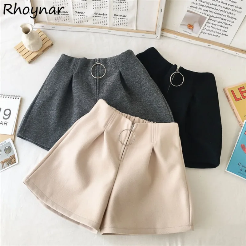 

Wide Leg Shorts Woolen Sweet Korean Style Winter Keep Warm Thicken Design Folds Zipper Elegant Bottoms Office Lady Solid