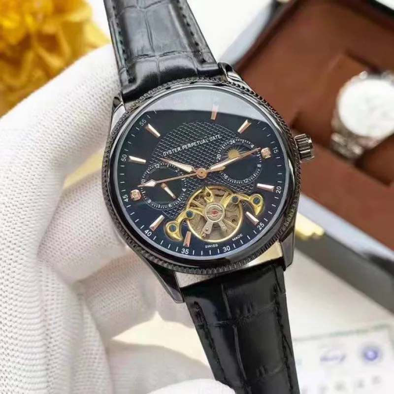 2025 ساعة توربيون فاخرة للرجال أوتوماتيكية ميكانيكية من الفولاذ المقاوم للصدأ بحزام جلدي كريستال الياقوت مقاومة للماء
