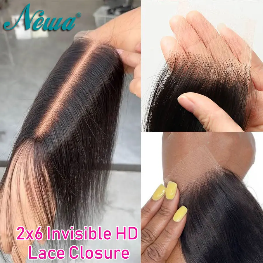 ニューウェーブヘアレースクロージャーのみ、2x6スキンライクリアルhdレースクロージャー、プレプラッキング済み人毛ストレート＆ボディウェーブ、6インチディープパートレース