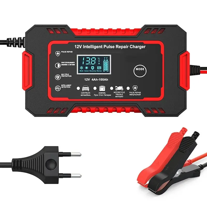 Cargador de batería para coche y motocicleta, pantalla Digital adecuada para baterías de plomo ácido, enchufe de la UE, protección inversa, 12V, 6A, 1 Juego