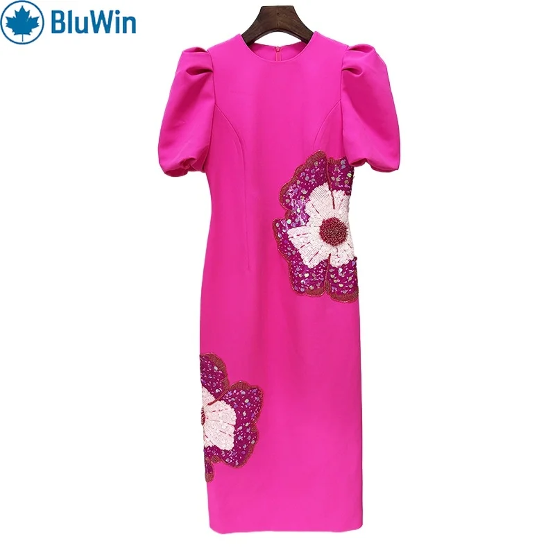 

BluWin Hot Rose Pink Puff-Sleeve Midi Dress – Sequin Floral Appliqué and Elegant Fitted Silhouette