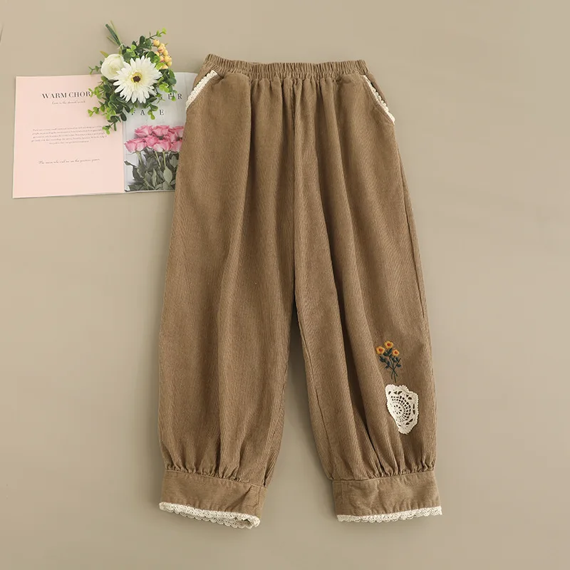 Japanese Mori Girl Vintage Embroidery Corduroy Harem Pants Women Autumn Winter Elastic Waist Casual Loose Lantern Pants