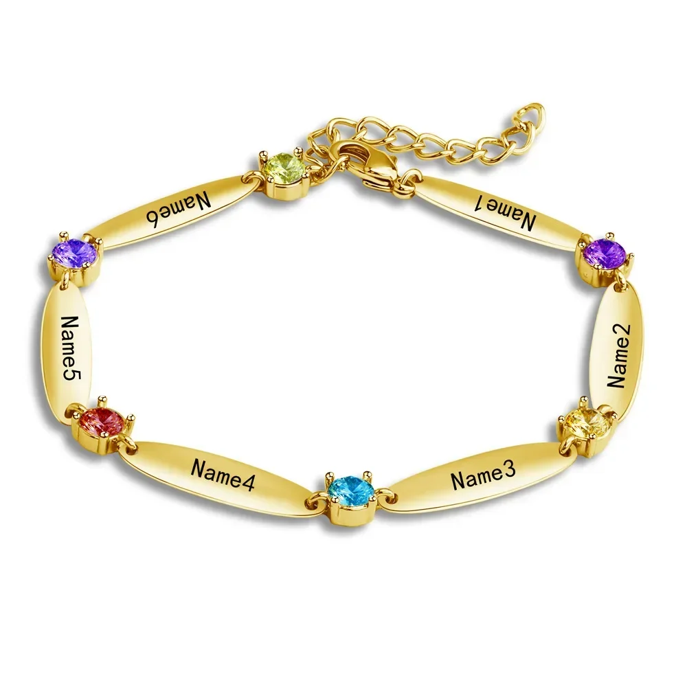 Customized Name Bracelet  Personalized Engraved Multiple 6 Name Bangle With 6 Birthstones Custom Adjustable Chain Family Gifts
