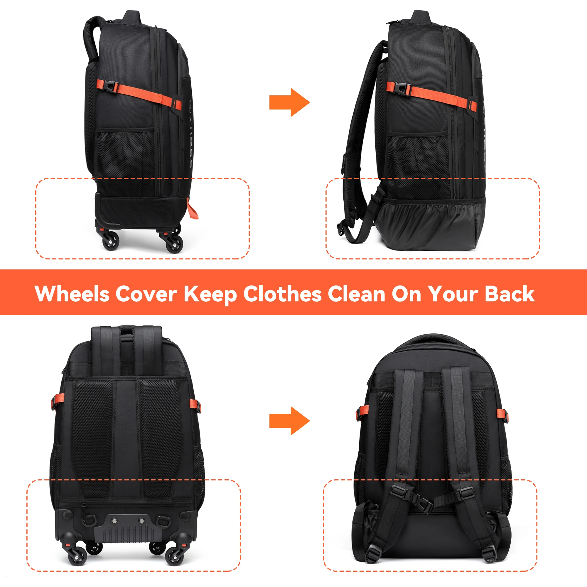 22 Inch Backpack Carry-on Bag Water-Proof Travel Backpack Detachable Wheels Rolling Wheeled Backpack for Business Travel Laptop