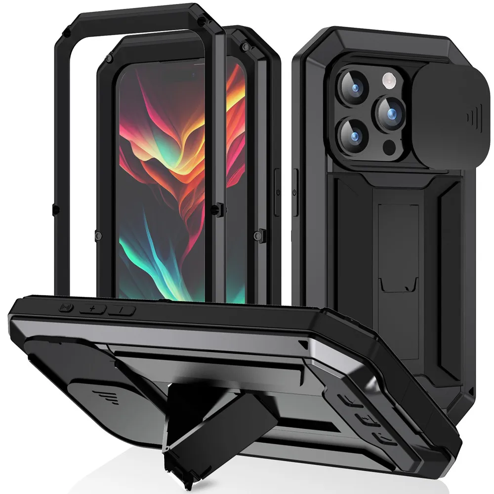 

Heavy Shockproof Metal Case for iPhone 15 Tempered Glass 360 Full Protection Cover for iPhone 13 15 Pro Max Slide Camera Protect