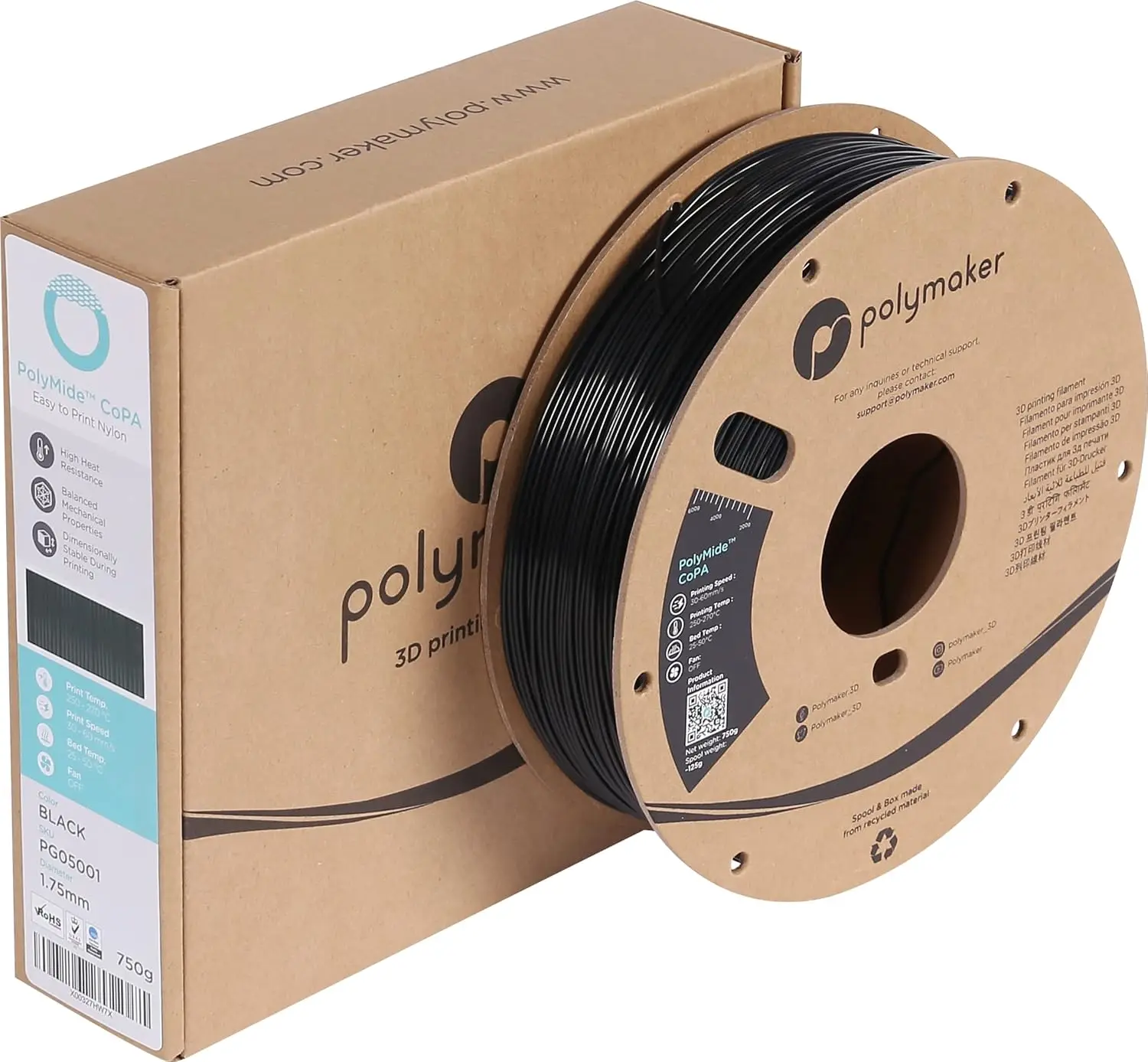 Polymaker PolyMide™ CoPA Nylon Filament 1.75mm 0.75kg Black CoPA, Strong & Tough & Heat Resistant Nylon 3D Printer Filament
