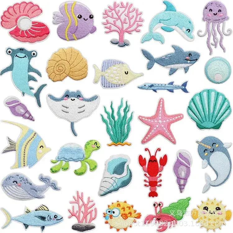 Jellyfish Whale Embroidery Cloth Sticker Cartoon Sea Creature Patch Sticker Clothes Decorative Shell Shark Embroidery Chapter