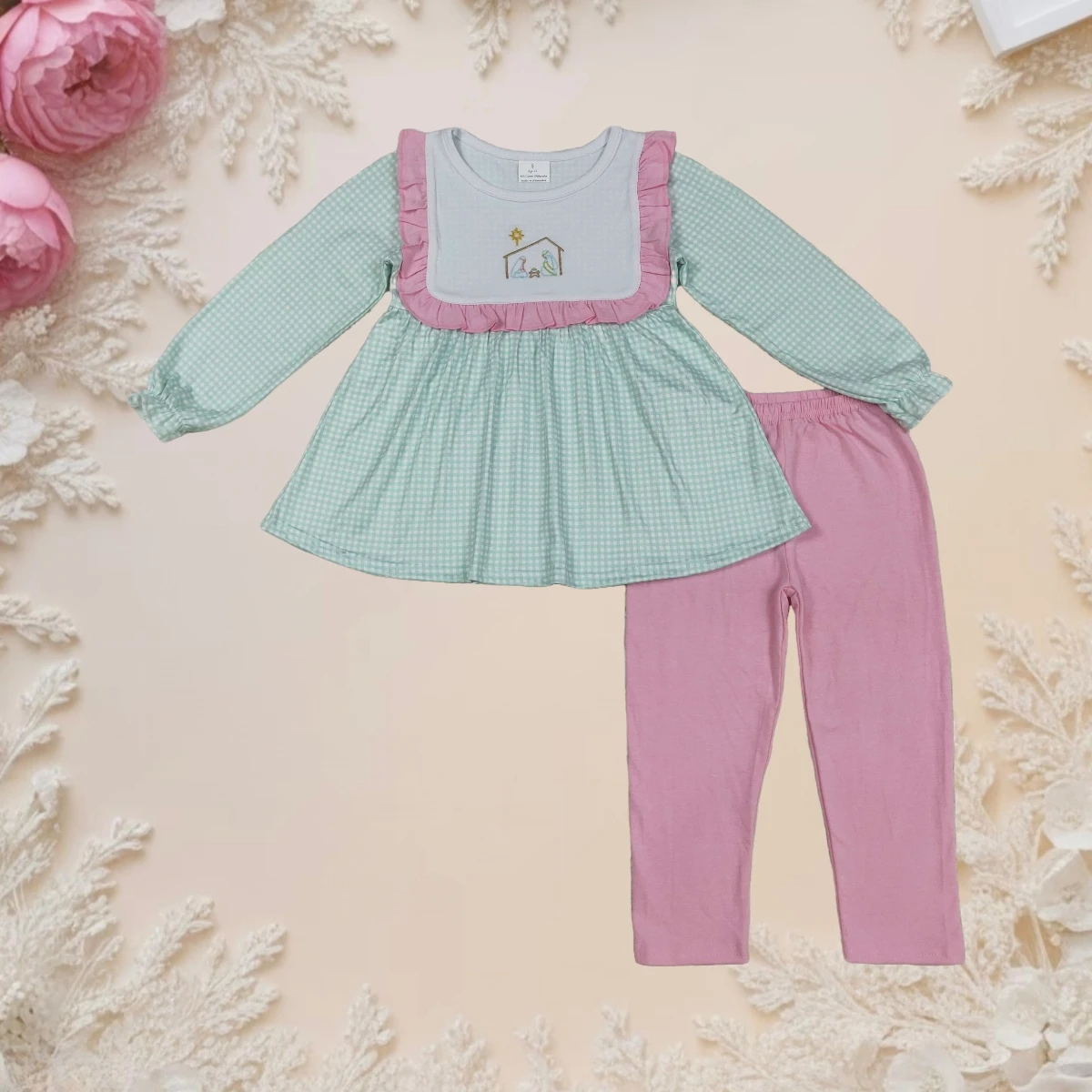 

Toddler Baby Girl 2Pcs Long Sleeve Clothes Sets Kids Embroidery Christmas Nativity Jesus Tunic with Legging Pants Clothing Suit
