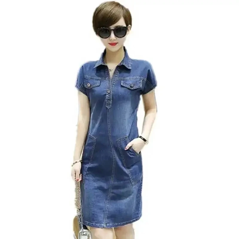 

Summer Thin Denim Dress Women's 5xl Korean Lapel Short Sleeve Slim Fit Retro Cowboy Dress Female Casual Clothing With pockets