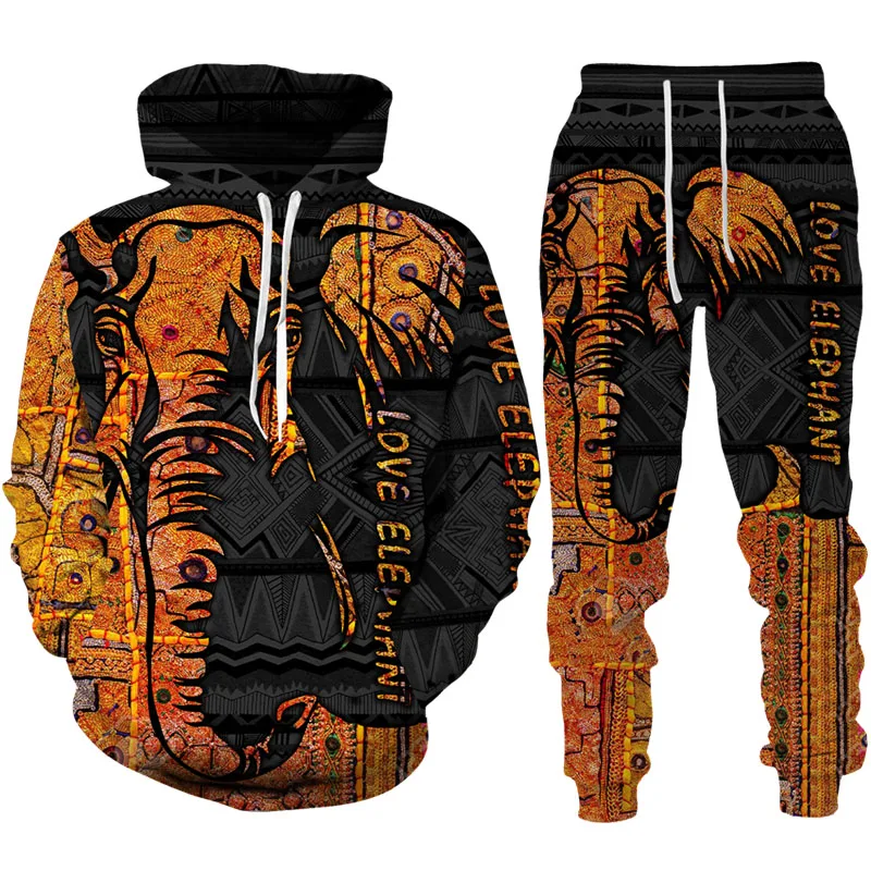 Autumn African Elephant 3D Printed Hoodie Suit Men Sweatshirts Sweatpants Casual Fashion Two Piece Tracksuit Set Men\'s Clothing