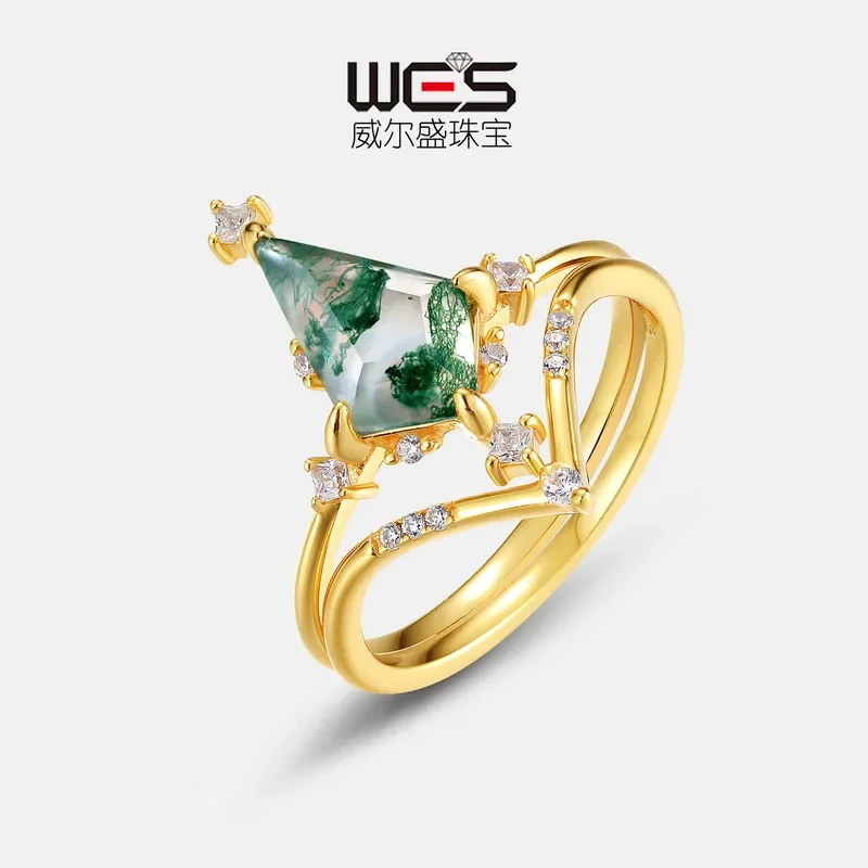 Green Moss Combination Ring for Women 18K Gold Unique Color Baby Stone PT950 Platinum Agate Ring