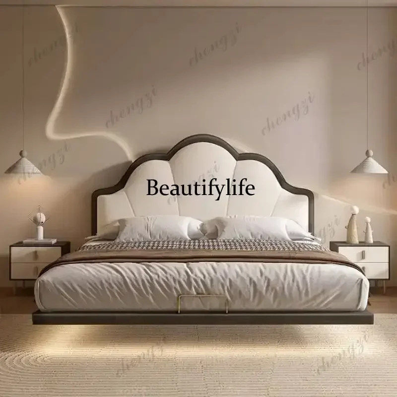 European Soft Double Bed Queen Size Elegant Beige Wooden Cloud Double Bed Adults Luxury Modern Camas De Dormitorio FurnitureN138