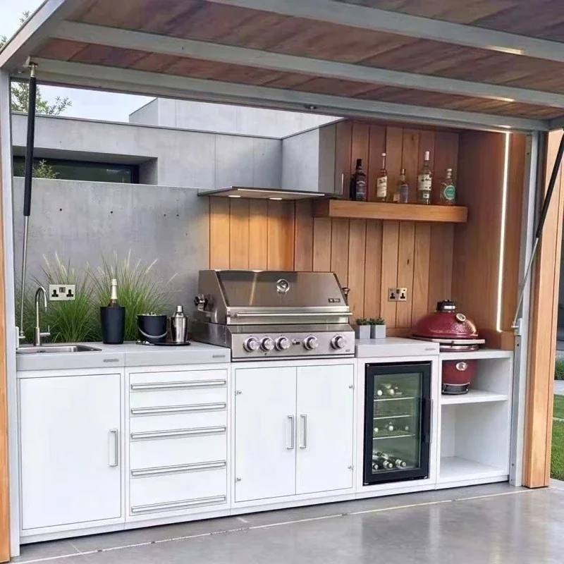FL Customize Freestanding Outdoor Kitchen Cabinet Waterproof Steel BBQ Cooking Station with Burner Sink Drawers for Backyard