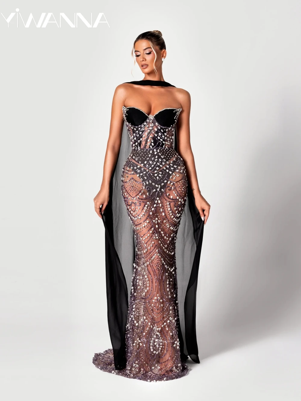 

Shimmering Beaded Crystal Floor-length Evening Dress Illusion Sweetheart Neck Wedding Party Gown Customized Luxury Prom Dresses