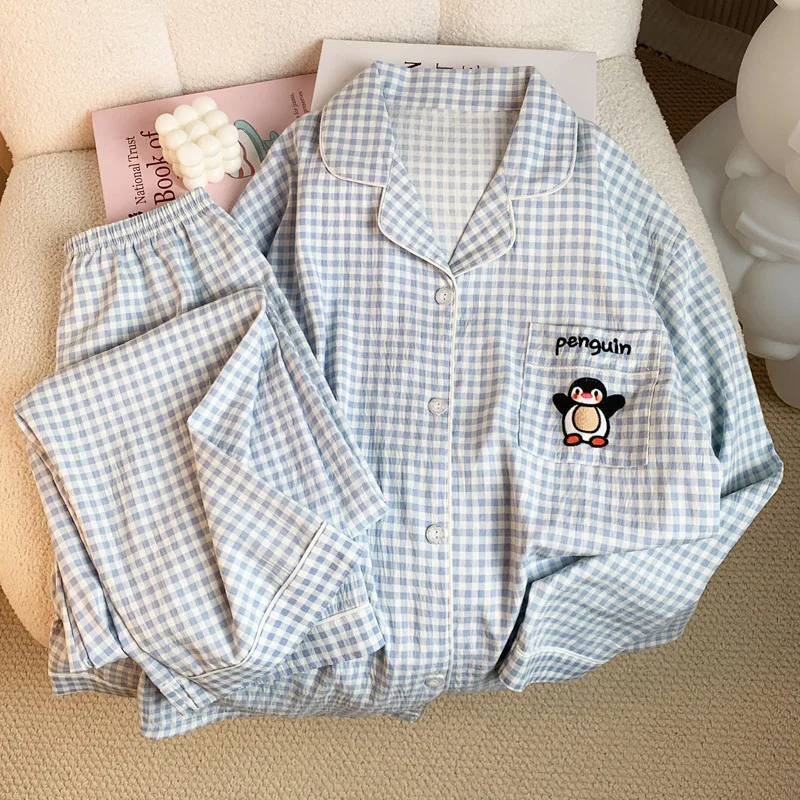 Fall and Winter Plaid Penguin Print Pajamas Women Long Sleeve Soft Loungewear Fashion Sleepwear Homewear Korean Version 2PCS/Set