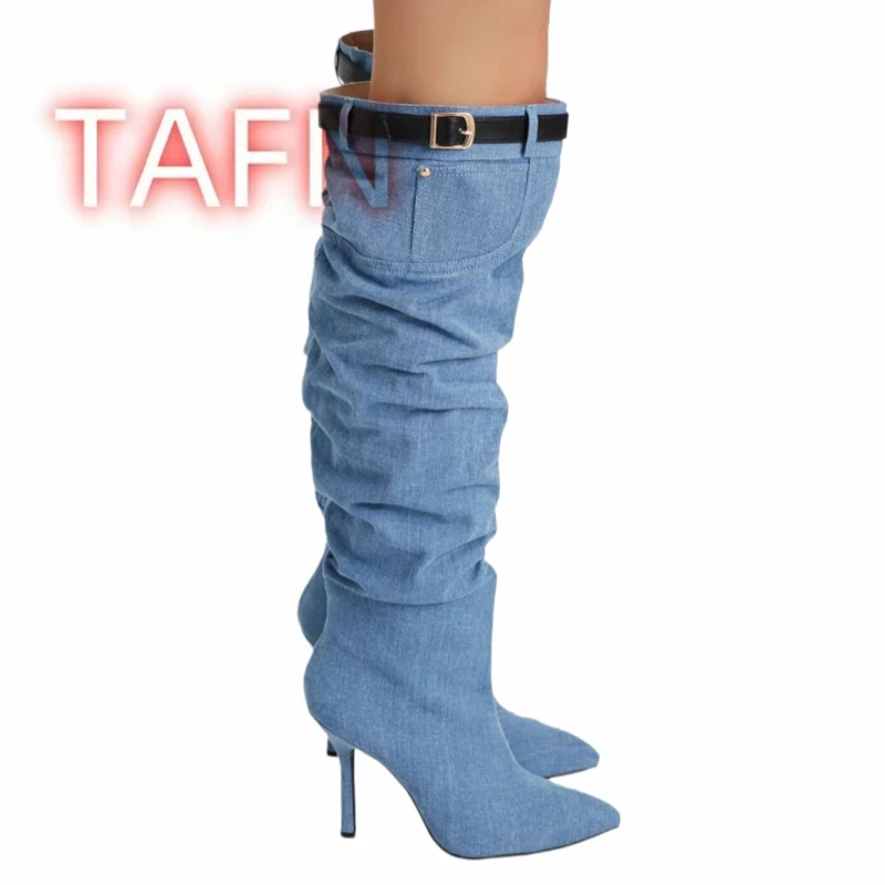 Buckle Denim Cowboy Knee High Boots,Pointed Toe Side Zipper High Heel Tall Boots,Side Zipper Women's Casual Thigh High Boots
