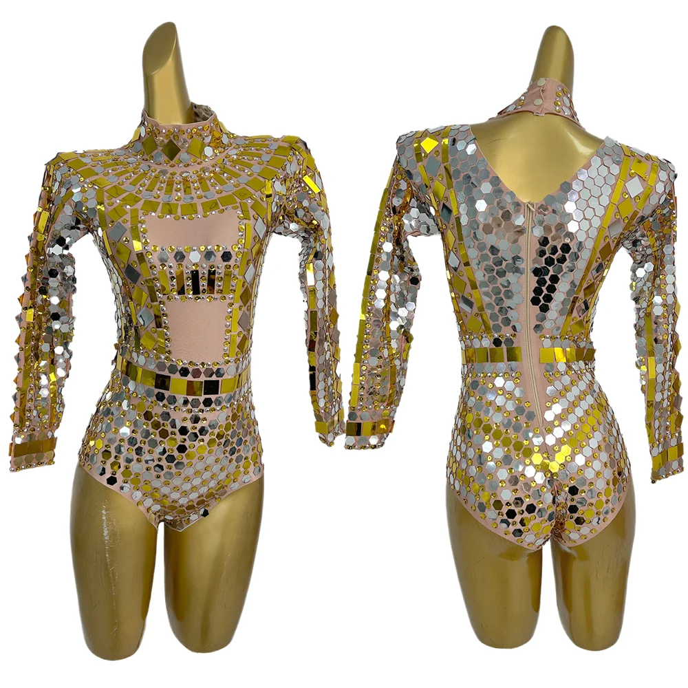 

Gold Long Sleeves Sequin Rhinestone Stage Performance Bodysuits Women Aerial Dance Jumpsuit Club Rompers DJ Showgirl Leotard