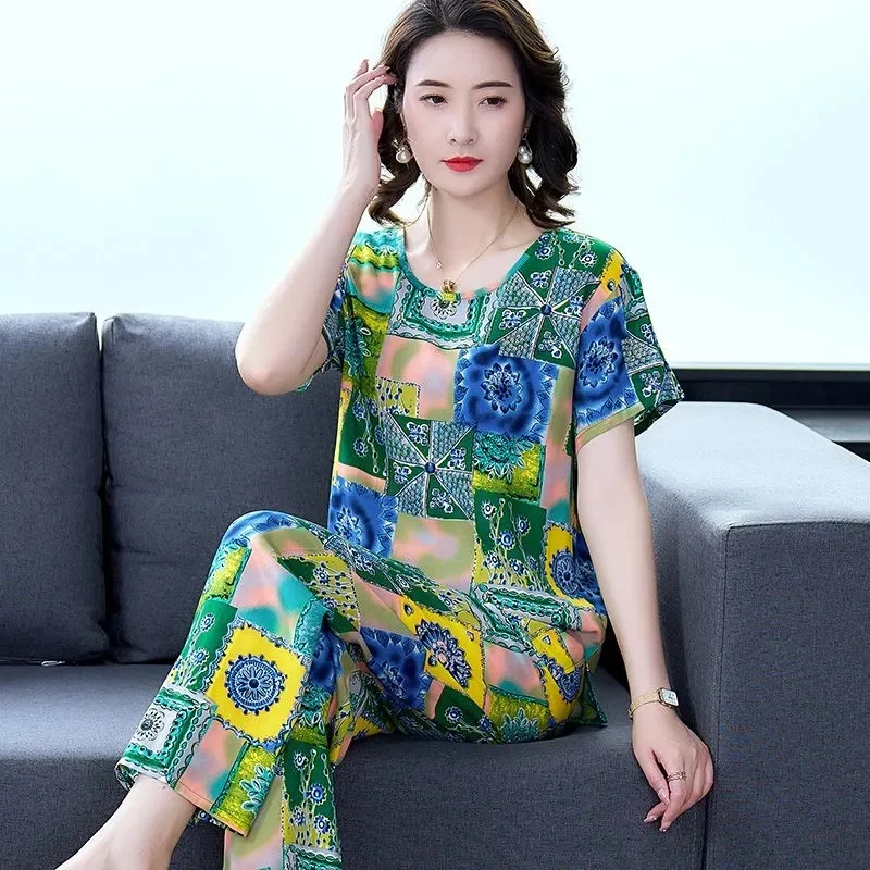 Cotton Suit Lady 2024 Summer New Two-Piece Casual Loose Set Middle-Aged Old Mothers 2PCS Fashion Simple Round Neck Outfit Woman