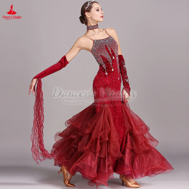 Waltz Foxtrot Tango Quickstep Professional Modern Big Swing Dresses with Necklace Ballroom Dance Performance Competitions Clothe