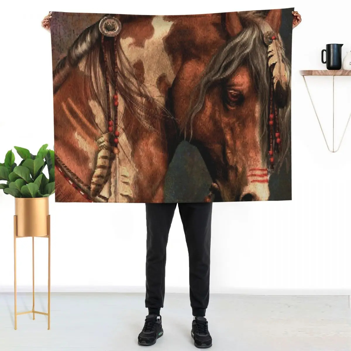 

War Horse - Native American Painted Horse Throw Blanket Shaggy Furry Soft Blanket for Bedroom Living Room