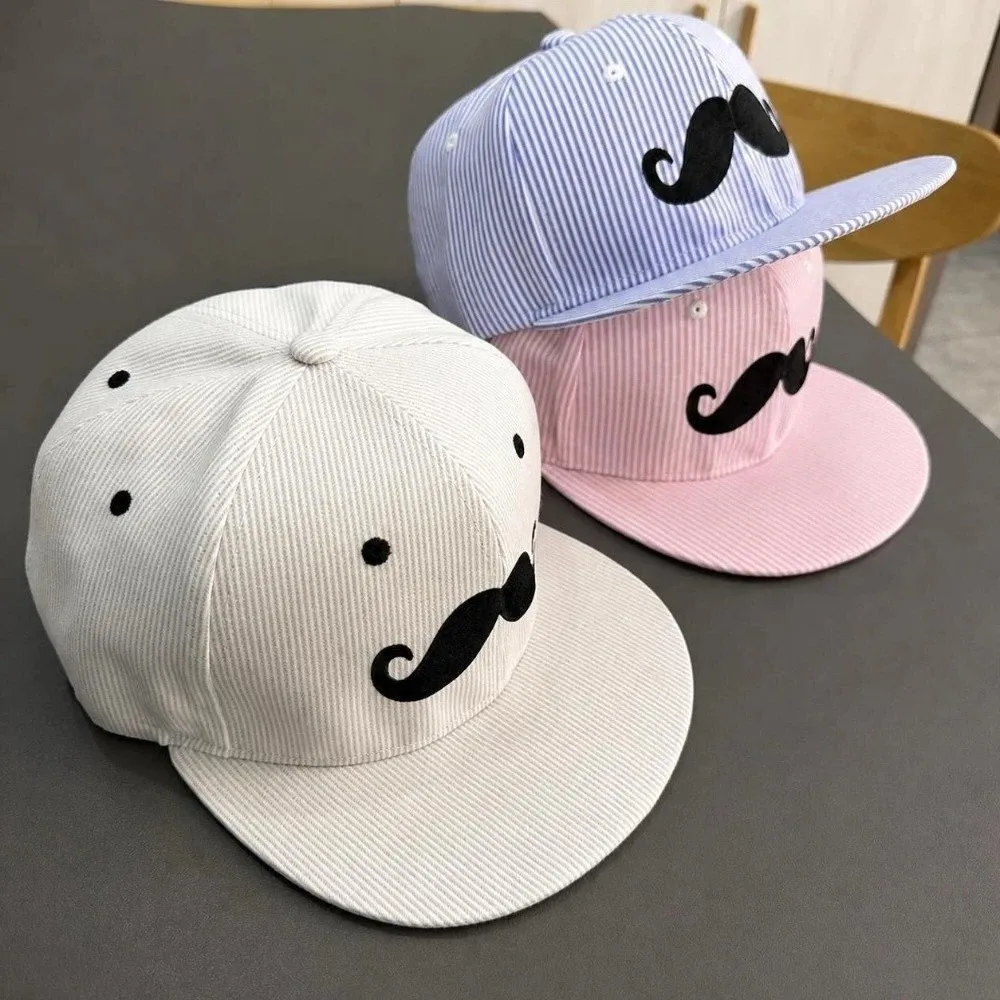Stylish Hip-Hop Mustache Snapback Cap Striped Flat Brim Baseball Hat Adjustable Breathable Trucker Hat Unisex