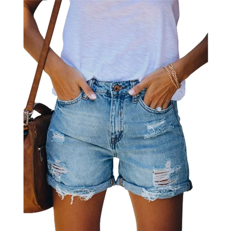 

Chic Broken Holes Fashion Women Denim Shorts Summer New Streetwear Female Three Quarter Pants Korean Casual Straight Breechcloth