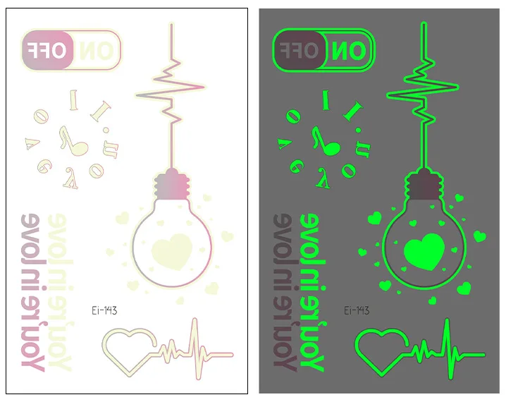 الحجم: 105x60 مللي متر نايتتوهج المؤقتة الوشم ملصق التدرج الفضاء ريشة فراشة مقاوم للماء مضيئة الوشم ملصق