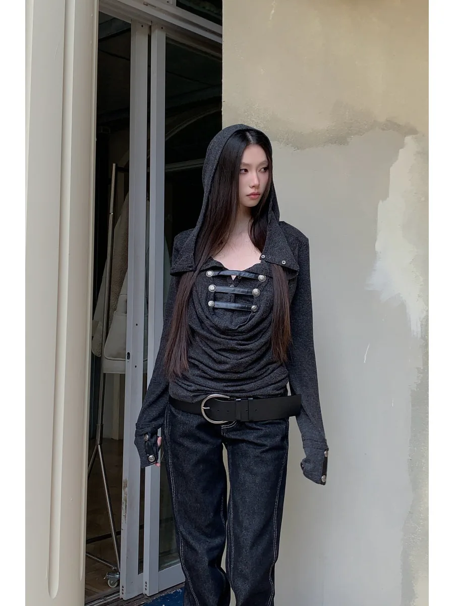 Street Style Metal Buckle Knitted Hat T-Shirt Base Layer Shirt Long Sleeve Hooded Regular Fit Chinese Production Spring 