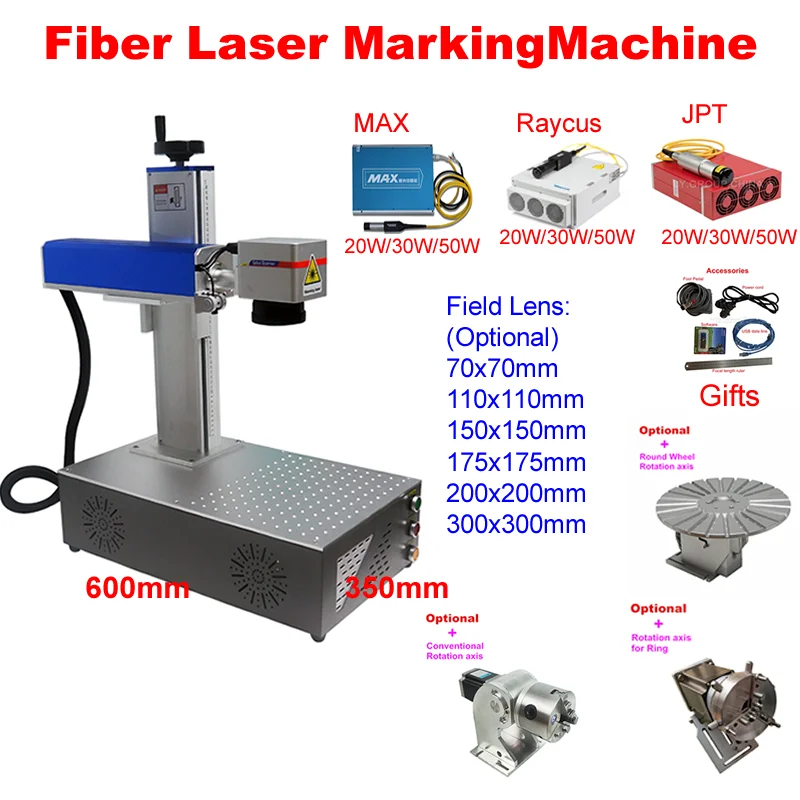 Desktop Fiber Laser Nameplate Marking Machine MAX Raycus JPT 20W 30W 50W with Rotary For Metal Engraving