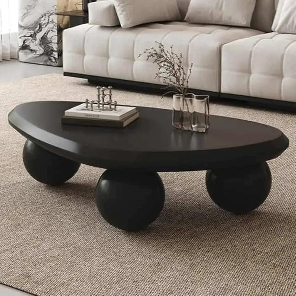 Black Oval Coffee Table Unique Irregular Asymmetrical Modern Stylish Minimalism Matte Wood Living Room Patio Dining Sofa Table