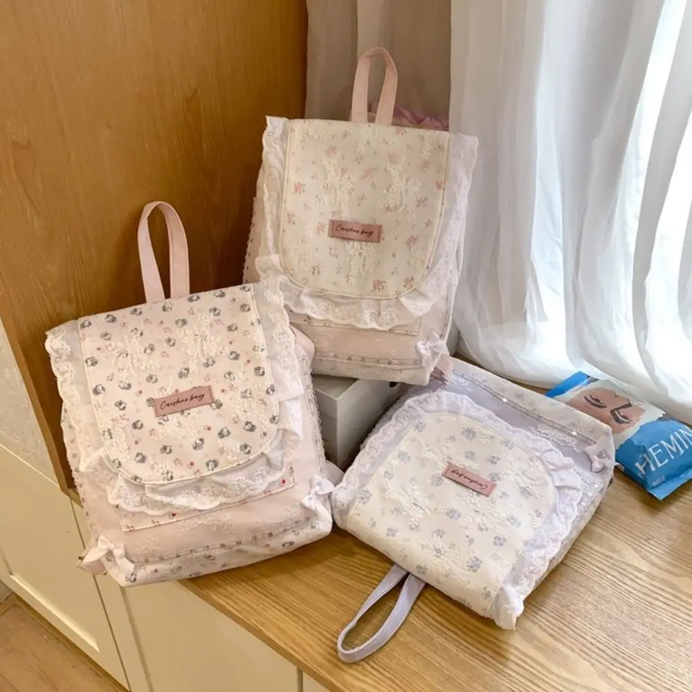 

Портативный кружевной рюкзак в форме кошки с цветочным принтом, нейлоновая сумка на плечо в корейском стиле, модная большая вместительная сумка с цветочным принтом, уличная сумка
