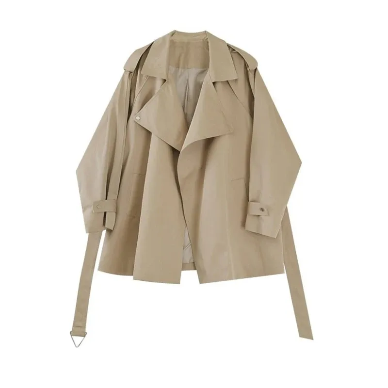 2024 Autumn New Women Khaki Short Trench Coat With Sashes High Quality Loose Casual Lapel Long Sleeve Female Windbreaker Outwear