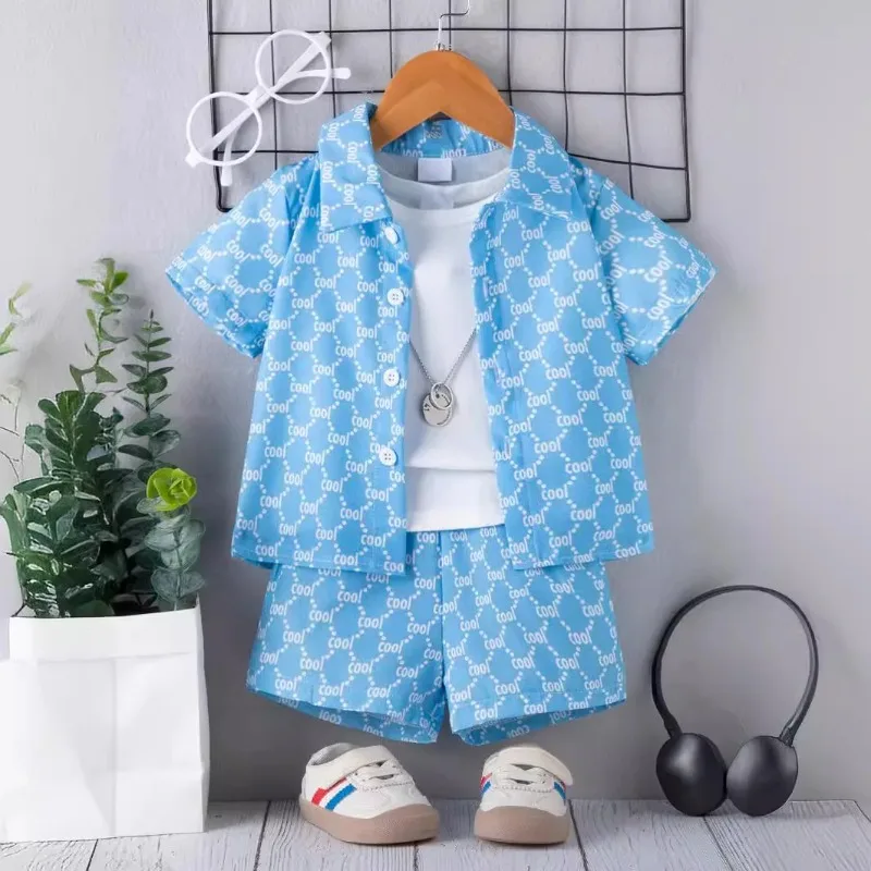 Trendy Kid Short-Sleeve Shorts Three-Piece Set Stylish Baby Outfit 3/PCS Fashionable Set Toddler Clothing Light Blue Shirt White