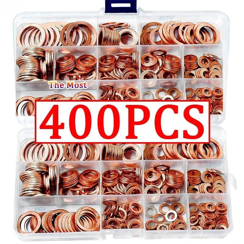 

Copper Washer Gasket Nut and Bolt Set 400/300/100PCS Sealing Solid Gasket Washer Flat Ring Seal Assortment Kit For Sump Plugs