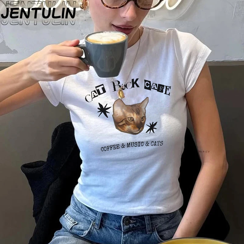 

Cat Print Graphic T-shirt Women Grunge Punk Y2k Crop Tops Gothic Short Sleeve Baby Tee 90s Vintage Aesthetic Streetwear Clothes