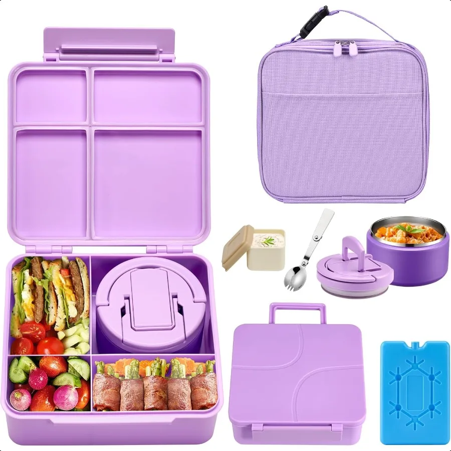

Bento Lunch Box with 8oz Soup Thermo Leakproof 4 Compartment Lunch Food Containers with Sauce Cup and Ice Pack Thermo Insulated