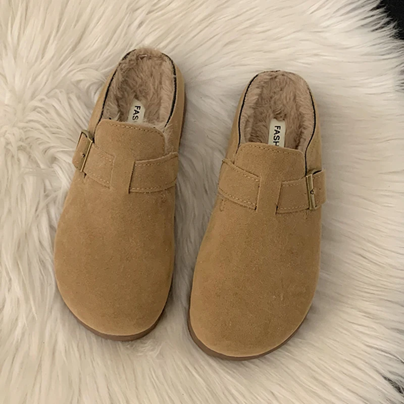 Cubierta del dedo del pie invierno mujer zapatilla zapatos de piel mocasines diapositivas Pantofle felpa 2025 mocasines zapatos zapatillas de felpa para adultos cubierta del dedo del pie Sl