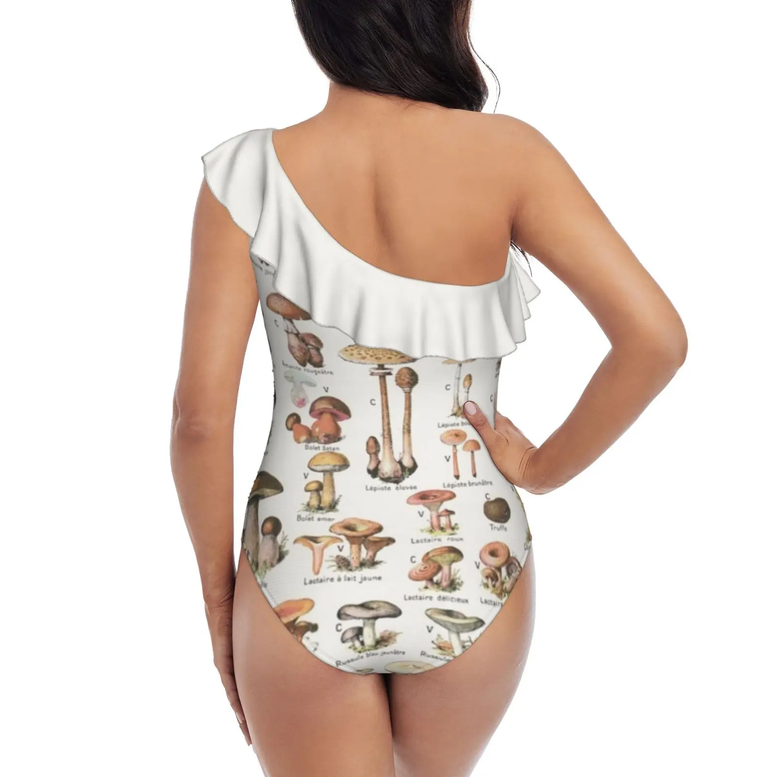 Mushrooms One Shoulder Ruffle Swimsuit One Piece Print Swimwear Women Bathing Suit Monokini Vintage French Scientific Various