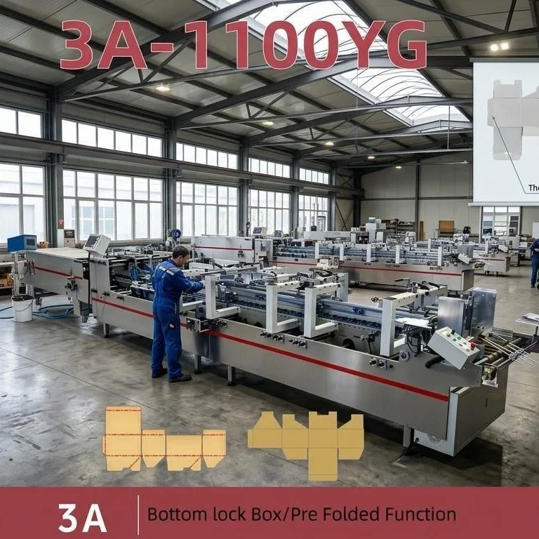 3A-1100YG Automatic PLC Box Gluing Folding Machine for 3 Point Lock Bottom Boxes with Water Soluble Cold Glue