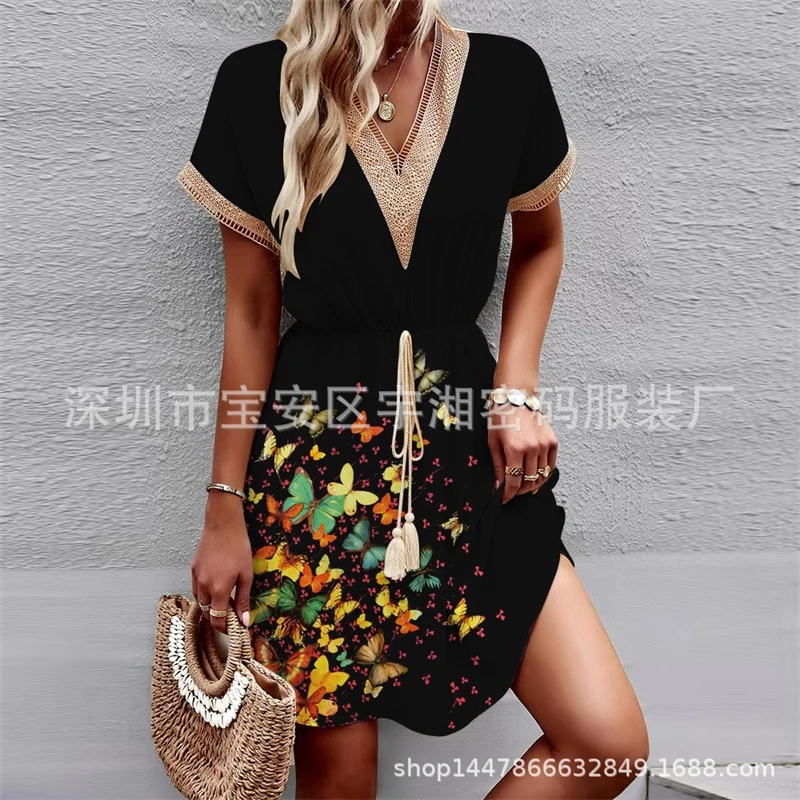 Robe imprimée florale à manches courtes, Sexy, décolleté en V profond, taille élastique, élégante, en coton doux, t-shirt